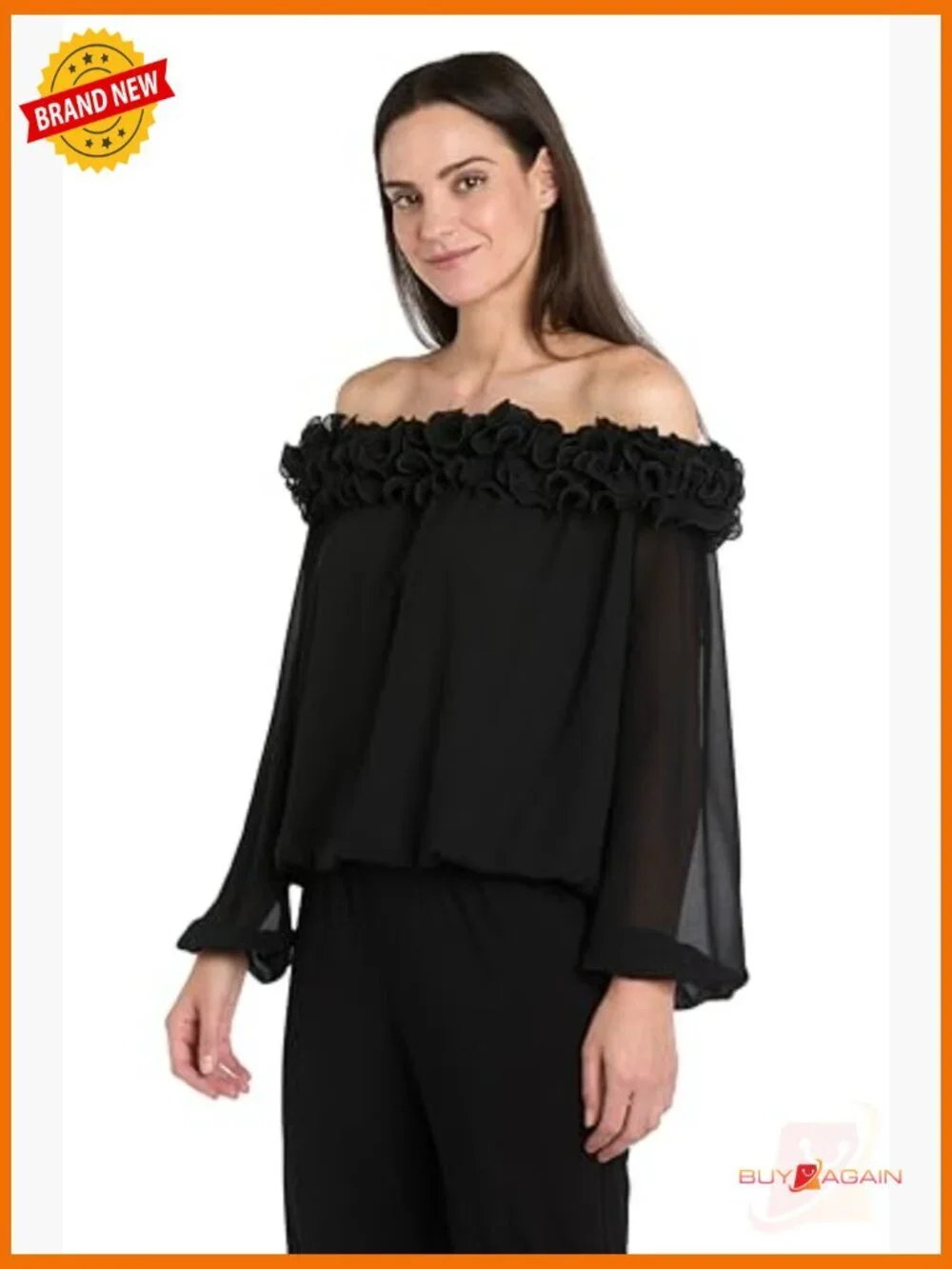 Chiffon Blouse with Cold Shoulder Long Sleeves Blouson Fit